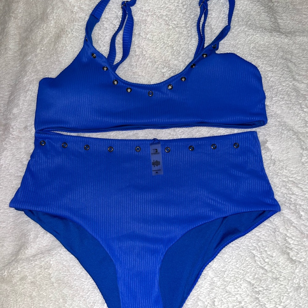 High waisted blue bikini